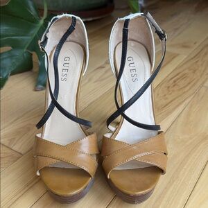 GUESS Tan and Black Leather Strappy Platform Heels